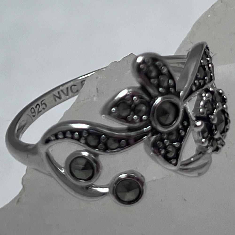 NVC Sterling Silver Marcasite‎ Floral Bypass Ring 925 Vtg Flower Size 6 - Picture 4 of 5